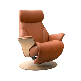 Brown leather armchair with a wooden base on a white background