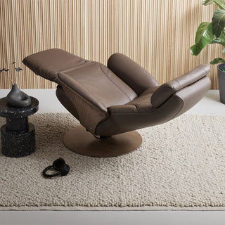 Brown leather recliner chair in a modern living room setting with a plant and decorative items.