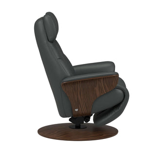 Gray recliner chair with wooden armrests and base on a white background